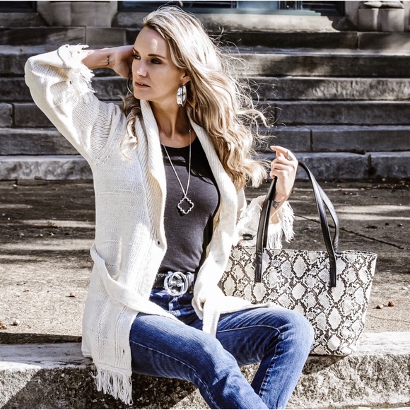 LAST ONE! Button Front Belted Cardigan w/ Fringe - Picture 4 of 9